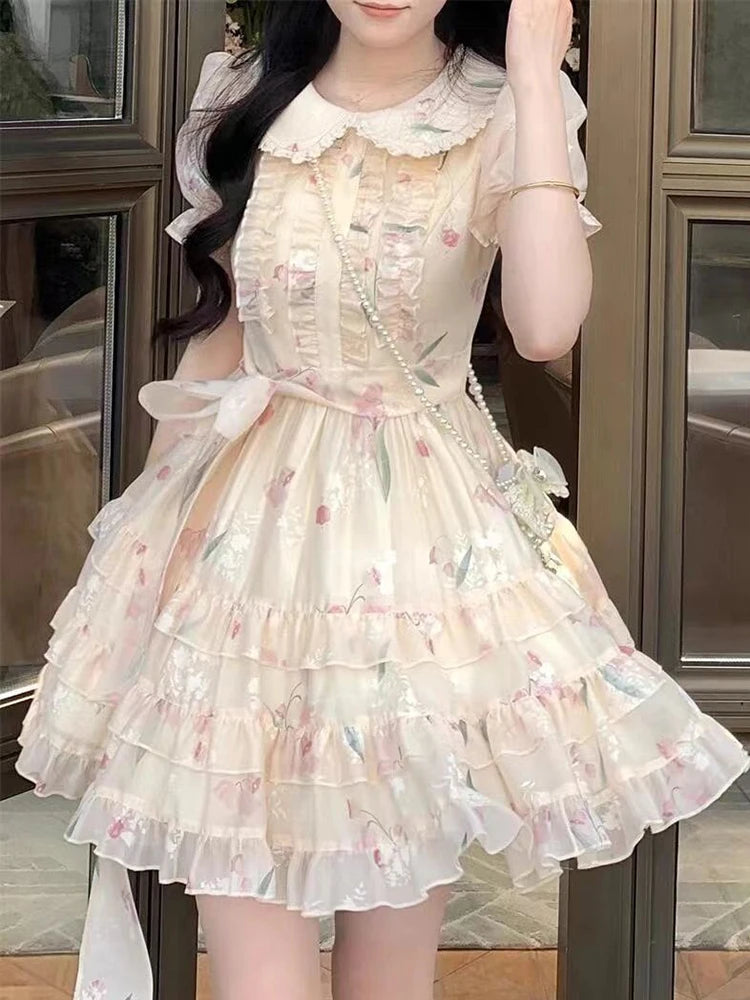 Bxoxo Floral Sweet Mini Dress Women Vintage Cute Ruffles Puffy Sleeve Dress Casual Summer Slim High Quality Elegant Vestidos New