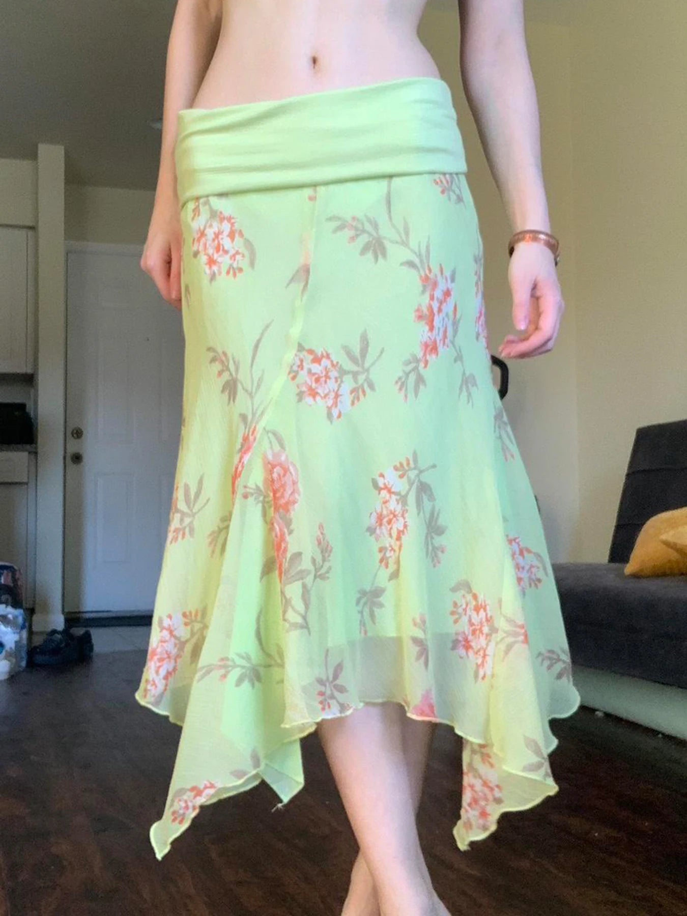BXOXO Fashion Flower Print Irregular Low Waist Skirts Elegant Retro Design French Chic Long Skirts