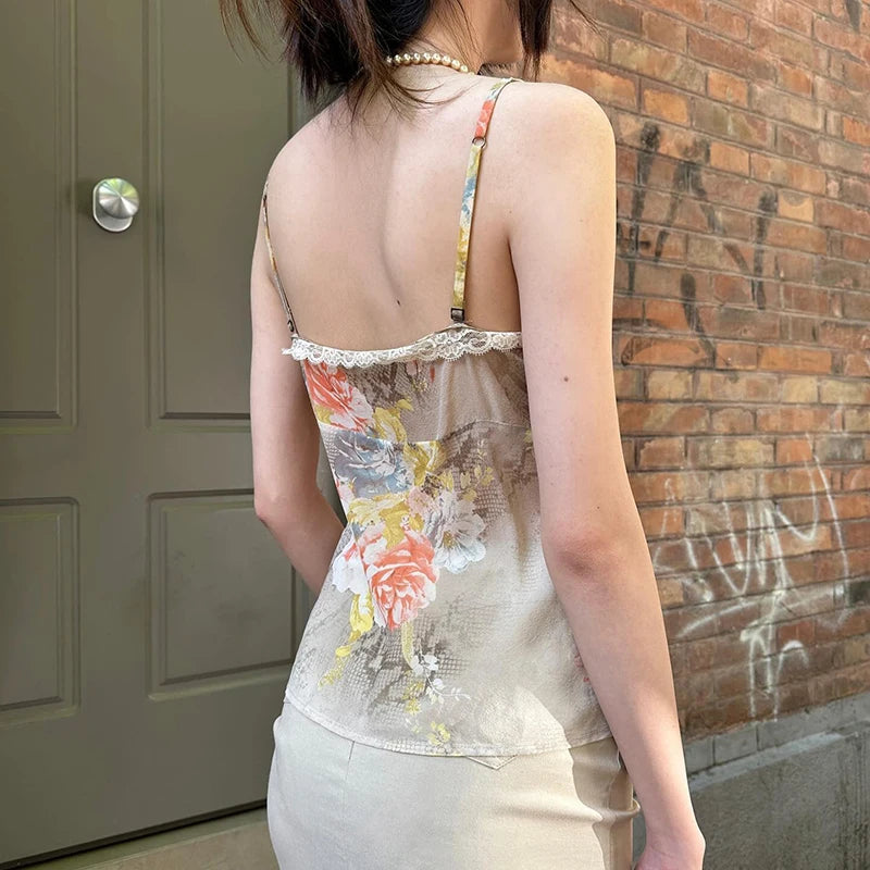 BXOXO Vintage Floral Print Strap Top Retro Y2k Lace Stitching V-neck Crop Tops Women Summer Casual Tees Aesthetic Harajuku Chic