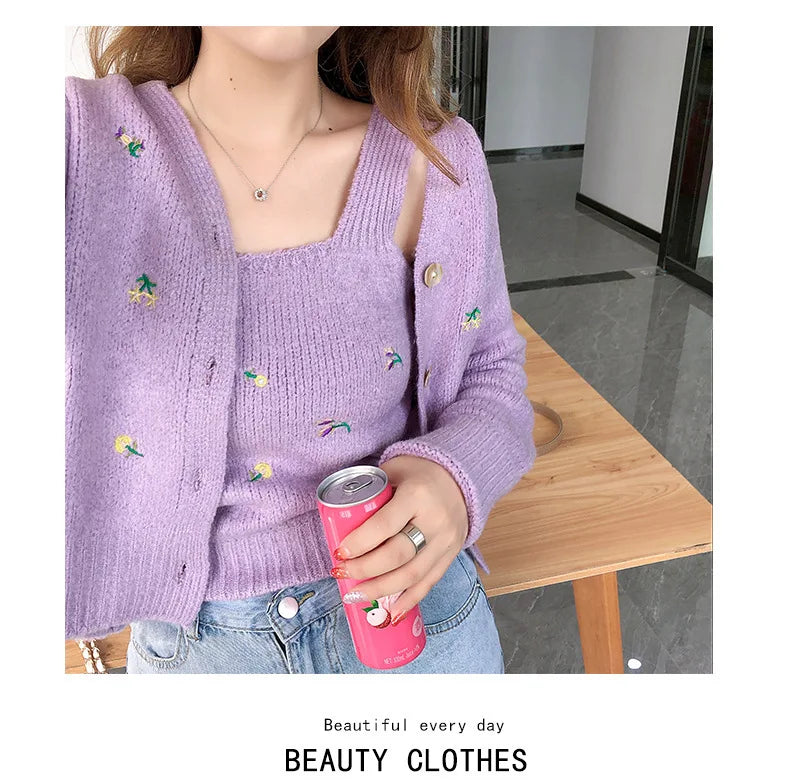 Bxoxo Two-piece Top Suit Flower Embroidered Knitted Korean Style Cardigan Autumn Fashion Sling Sweater Slim Sweet Jacket Sets