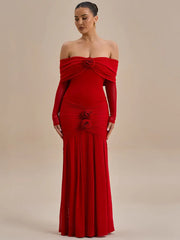 BXOXO  Off-shoulder Strapless Rose Sexy Maxi Dress For Women Fashion Long Sleeve Backless Ruched Bodycon Club Party Dress