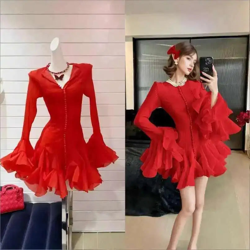 BXOXO Luxury Long Sleeve Ruffles Short Dresses Women's Summer Holiday Single Breasted Gauze Prom Evening Party Cake Dress Lady Quality