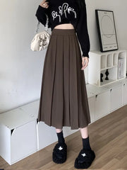 BXOXO Long Pleated Skirt Women Vintage Korean Fashion Solid High Waist A-line Midi Skirt School Girl Elegant Casual Autumn