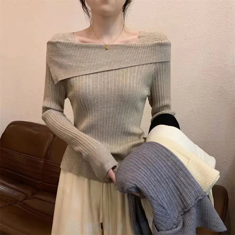 Bxoxo Women Off Shoulder Knit Sweater Slash Neck Long Sleeve Slim Knitwear Jumpers Office Sweater For Women 2024 Autumn Winter