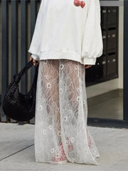 Bxoxo New Jacquard Lace Sheer Long Skirt Women Elastic Waist White Sexy Transparent Maxi Skirts Female Streetwear Fashion Faldas Jupe
