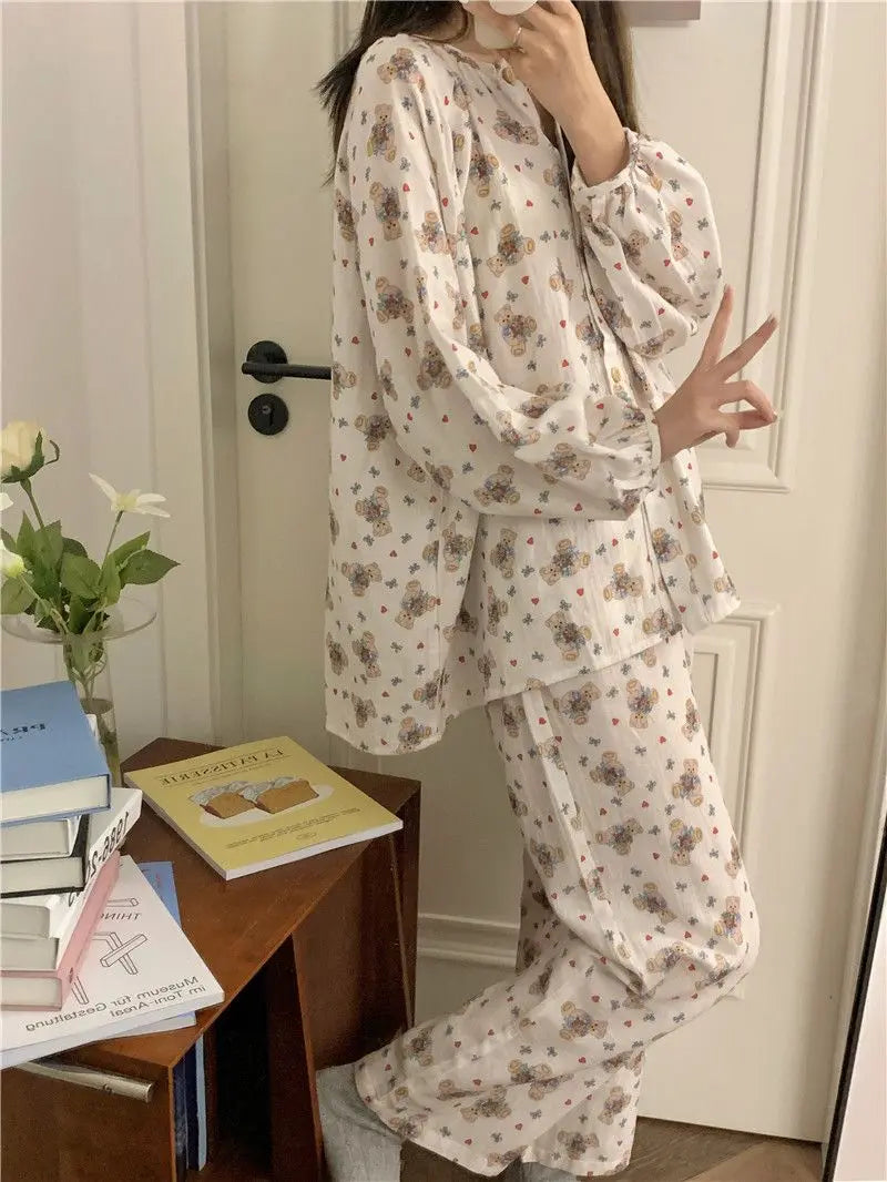 Bxoxo Women's Sweet Cute Pajamas Set Female Korean Style Home Clothing Girl Bear Foral Print Sleepwear Long Sleeve Pant Nightwear 2XL