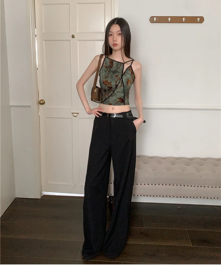 Bxoxo Flocking Floral Vintage Crop Cami Top For Women 2024 Sleeveless Flower Green Tops Designer Clothes Luxury