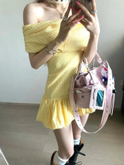 Bxoxo Sweet Elegant Bodycon Mini Dresses Women Off Shoulder Korean Style Butter Yellow Plaid Ruffles Dresses Y2k Harajuku