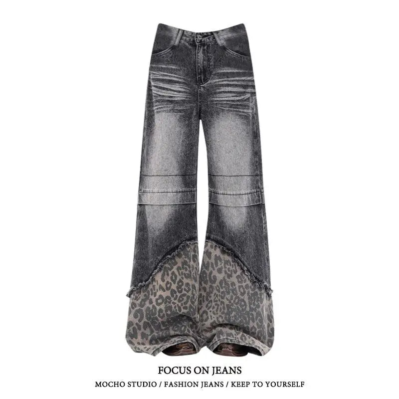 Bxoxo Y2k Vintage Patchwork Leopard Women Jeans Harajuku Washed Wide Leg Korean Fashion Denim Pants Baggy Trousers Streetwear