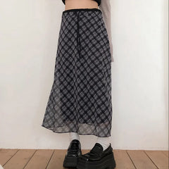 Bxoxo Preppy Style Plaid Print Mesh Skirt Casual All-match Loose A-line Long Skirts for Women Summer Retro Skirt Korean Fashion