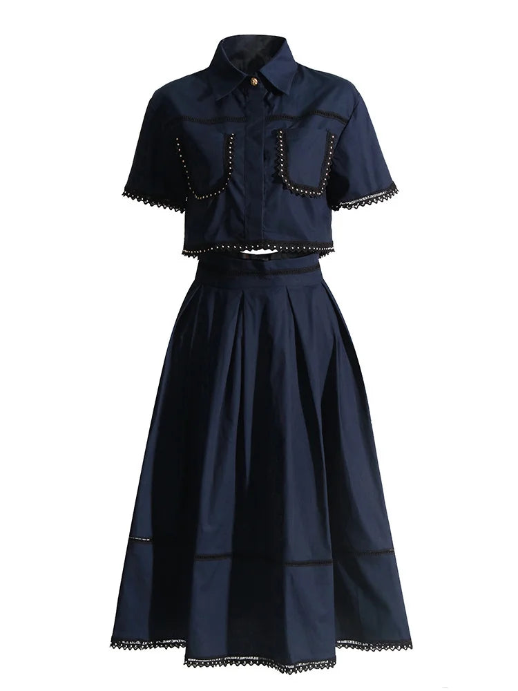 Bxoxo Elegant Two Piece Sets For Women Lapel Short Sleeve Tops High Waist A Line Pleated Skirts Solid Set Female Summer 2023