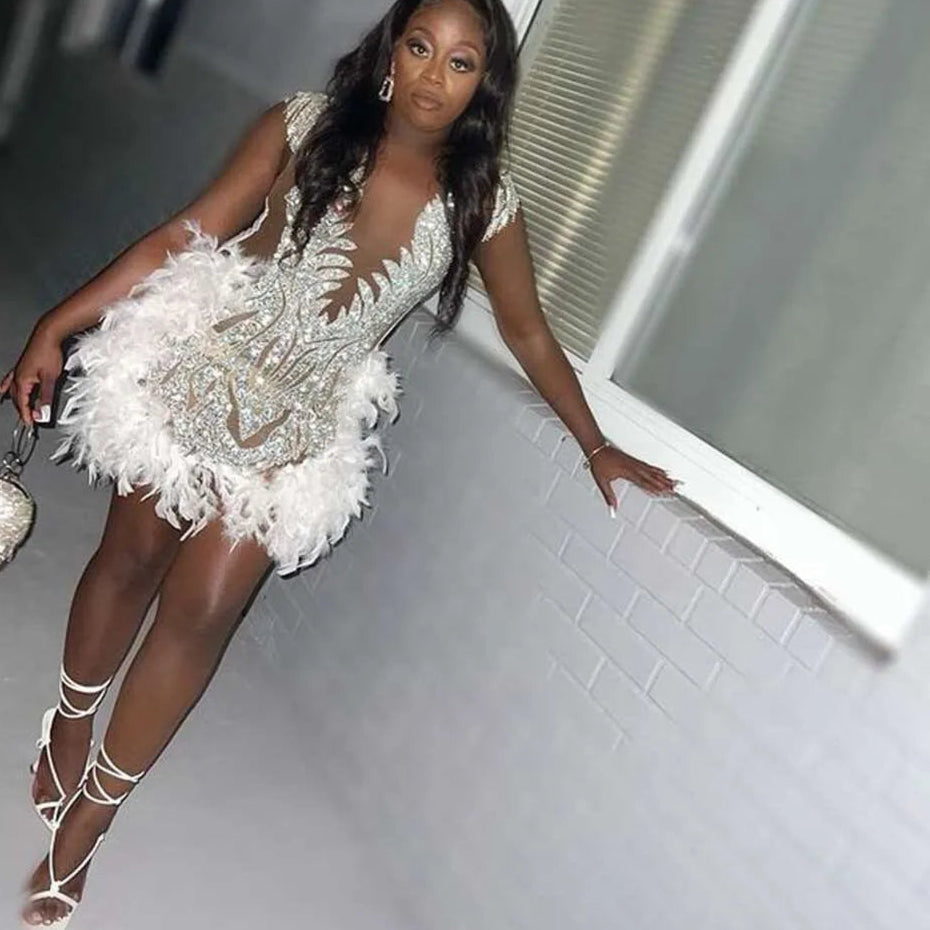 BXOXO Luxury Pink Feather Short Prom Dresses Black Girls Sexy Sheer Neck Beaded Mermaid Mini Cocktail Gowns for Birthday Party
