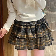 BXOXO Plaid Ruffle Mini Skirt Women Kawaii Japanese Style Harajuku Vintage Short Skirts Cutecore Street Pleated Layered Skirt