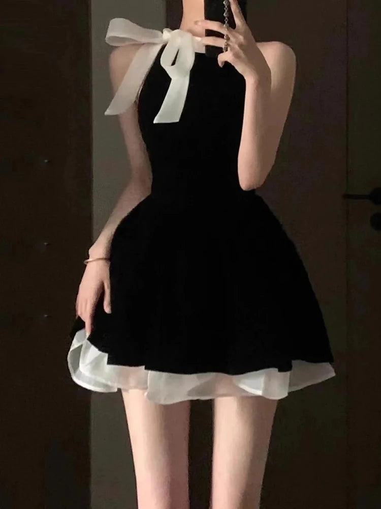 Bxoxo Elegant Halter Neck Dress Woman Y2K Black Hepburn Style Bow Bandage Sleeveless Mini Dress Summer Slim Patchwork Party Vestidos