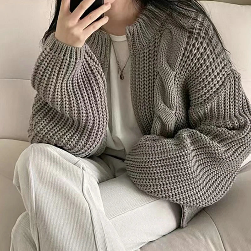 BXOXO Women Zipper Rib Loose Cardigan Coat Lantern Sleeve Knit Warm Sweater Coat Solid Casual Office Jacket Women Fall Winter