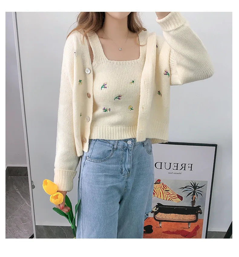 Bxoxo Two-piece Top Suit Flower Embroidered Knitted Korean Style Cardigan Autumn Fashion Sling Sweater Slim Sweet Jacket Sets