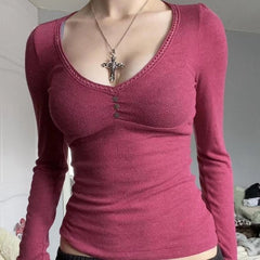 BXOXO Kawaii Fairy Grunge Button V Neck Slim Tees Cottage Vintage Long Sleeve Crop Tops y2k Aesthetic 00s Retro T-shirt Women Clothes