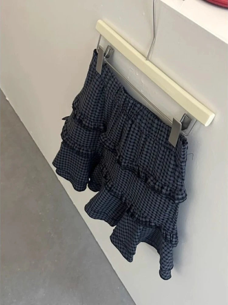 BXOXO Plaid Skirts Women Sweet High Waist Ruffles Patchwork 2025 Summer Fashion New Elegant Cake Mini Skirt Female Casual