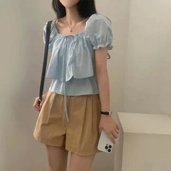 Bxoxo Summer New Sle Double Layered Chiffon irt with Bow Tie Bubble Sve Square Collar ort Sve Women's Faion Top
