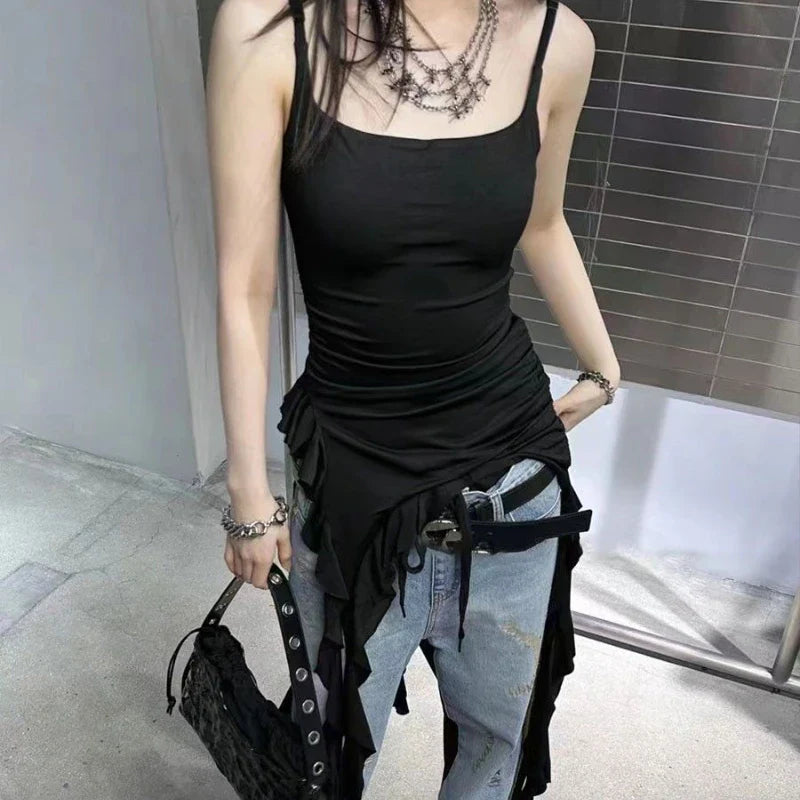 BXOXO Sexy Tank Top Asymmetrical Black Y2k Women Ruffle Grunge Backless Coquette Fashion Streetwear Tops Solid Aesthetics