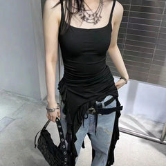 BXOXO Sexy Tank Top Asymmetrical Black Y2k Women Ruffle Grunge Backless Coquette Fashion Streetwear Tops Solid Aesthetics