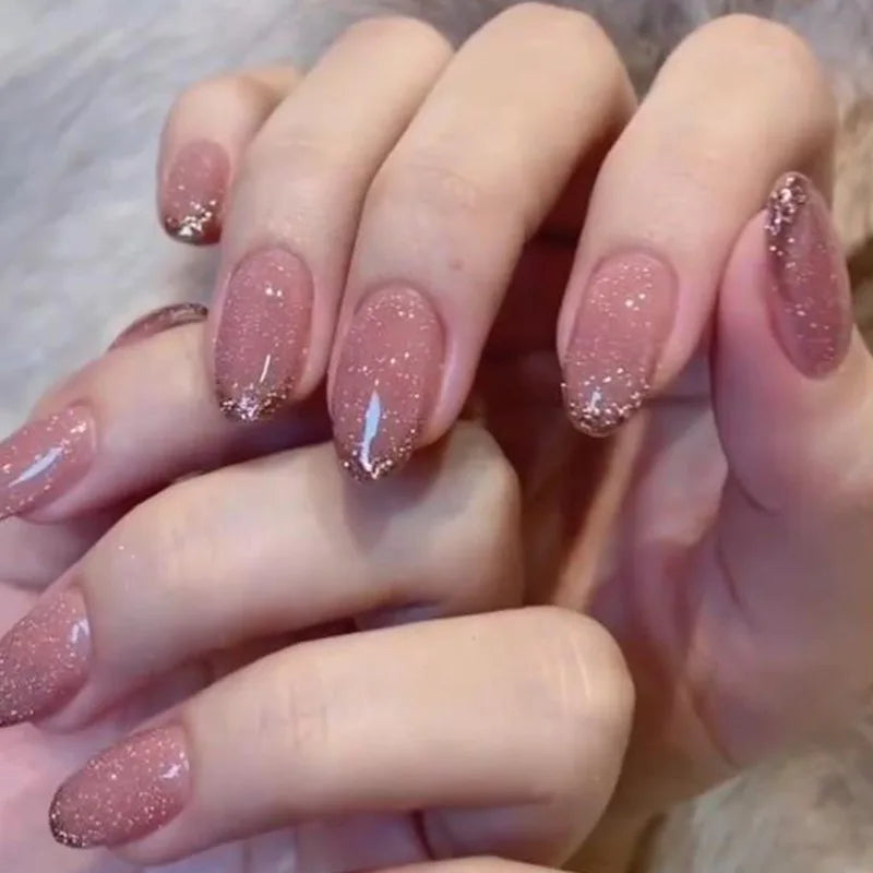 Bxoxo 24P French Oval False Nails Girls White Edge Design Nude Color Wearable Press on Nail Full Cover Short Acrylic Almond Fake Nails