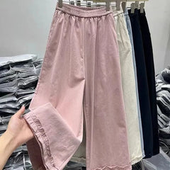 Bxoxo Korean Chic Ruffle Patchwork Ankle Length Pants Women Summer High Waist Loose Wide Leg Pants Elastic Waist Baggy Casual Trousers