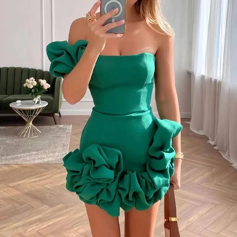 BXOXO Women Mini Dress Sexy Strapless Sleeveless Ruffles Dresses High Waist One Shoulder Elegant White Temperament Bodycon Vestidos