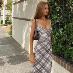 Bxoxo Vintage Plaid Print V Neck Midi Dress Women Summer Sexy Backless Spaghetti Straps Dress Y2K Club Party Slim All Match Vestidos
