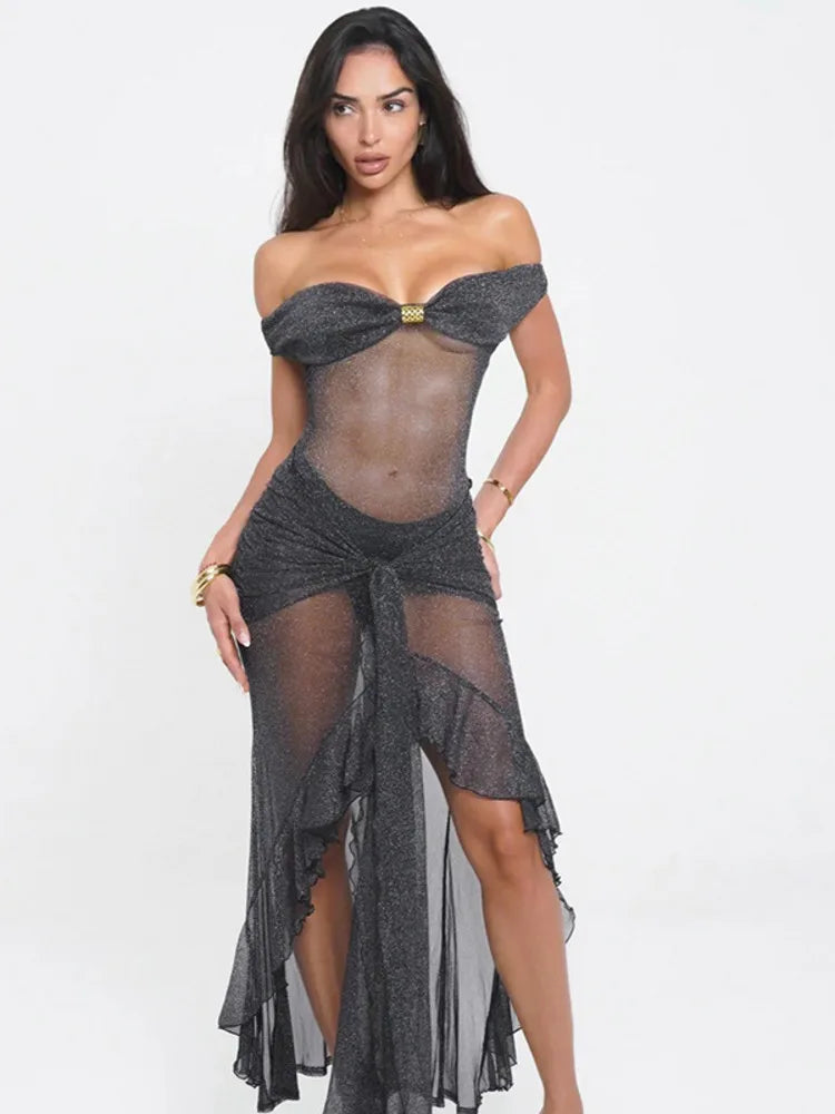BXOXO  Mesh See Through Ruffled Sexy Maxi Dress For Women Gown Gray Off-shoulder Strapless Backless Ruched Long Dress Vestido