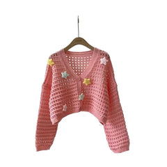 Bxoxo Sweet Star Hollow Out Knitted Cardigans Women Kawaii Y2k Pink Crop Tops Elegant Casual Cutecore Long Sleeve Cardigans