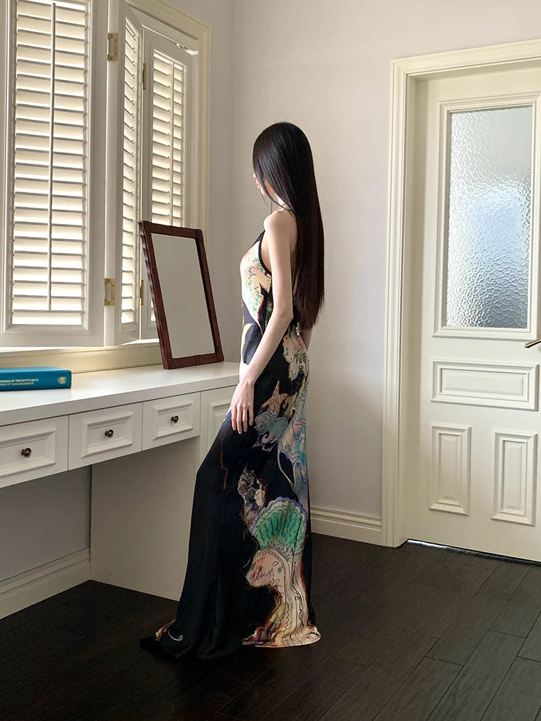 Bxoxo Ocean Flowers Backless Long Mermaid Dress For Woman Summer 2025 V Neck Midi Slip Dress Evening Party Clothes