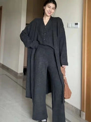 BXOXO Winter French Knitted Suits 3 Piece Set Women Casual Long Cardigan + Vintage Vest + Office Lady Long Pants Korean Fashion