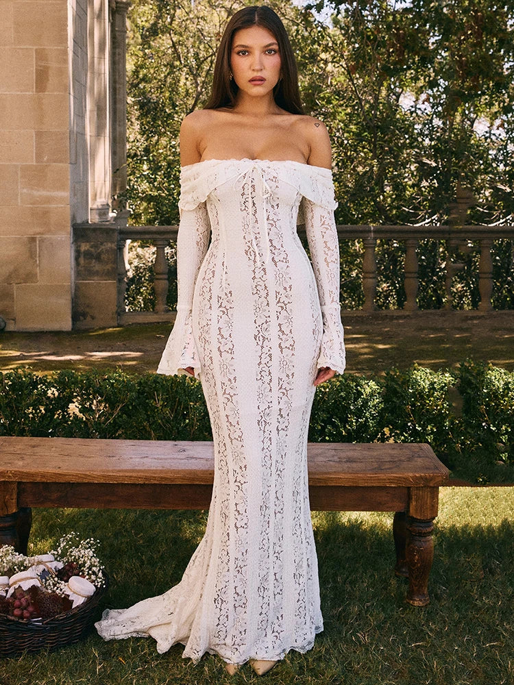 BXOXO  Lace Off-shoulder Sexy Maxi Dress Women Strapless Backless Long Sleeve Bodycon Evening Club Party Long Dress Elegant