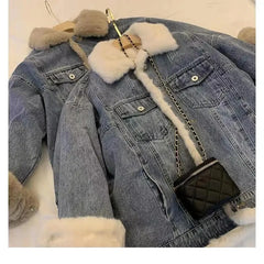 BXOXO Jean Jacket For Women Autumn And Winter New Retro Lamb Wool Casual Loose bf Plush Thick Casual Style Overcome Women Denim Coat