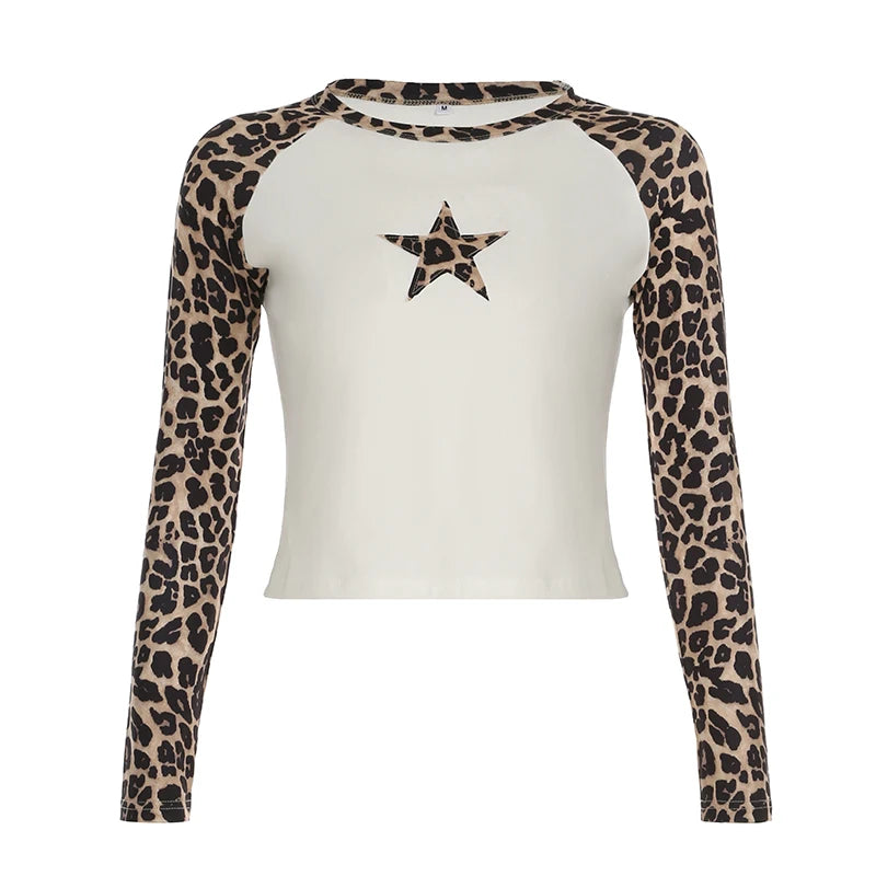 Bxoxo Retro Leopard Print T-shirts Women Casual Autumn Long Sleeve Knitted Cropped Tops y2k Vintage Tees Aesthetic Ladies Basic