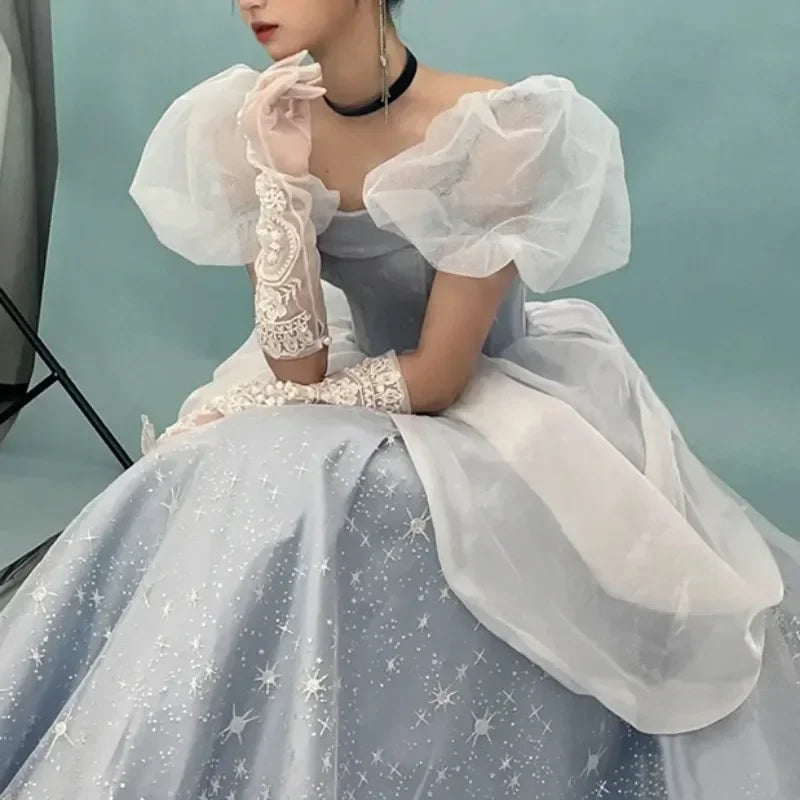 BXOXO Customized Temperament Blue Prom Dresses Removable Shoulder Jacquard Vestido Fiesta France Vintage Sweet Princess Fairy Evening
