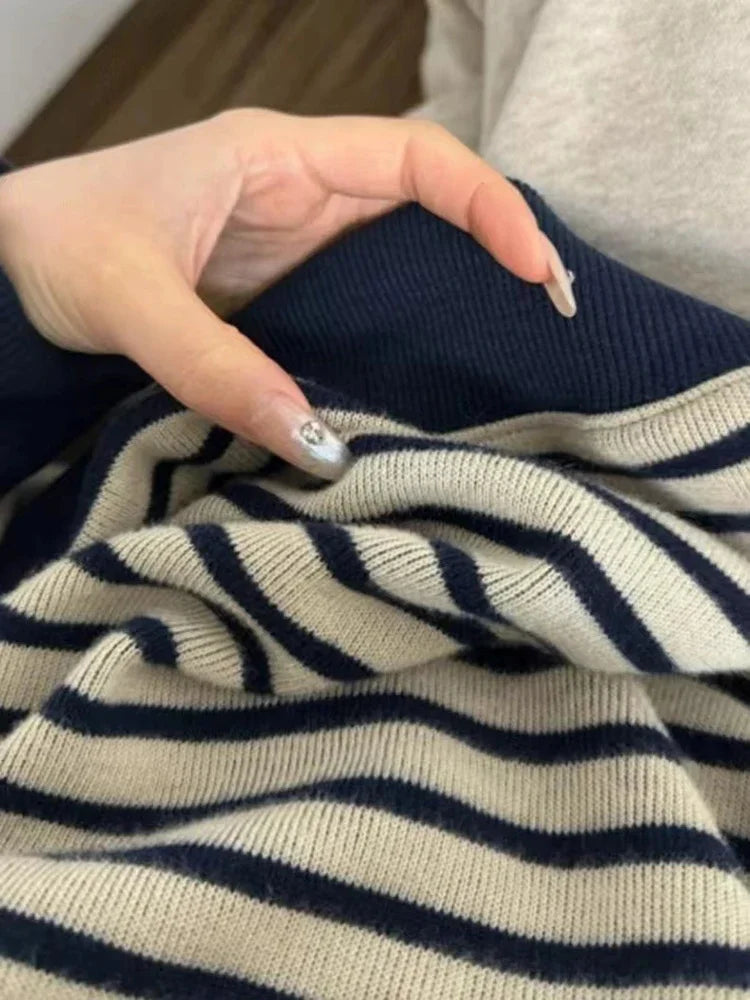 Bxoxo Retro Striped Sweatshirt Women Autumn Warm Long Sleeve O Neck Knitted Pullover Korean Loose All-Match Preppy Hoodie Female New