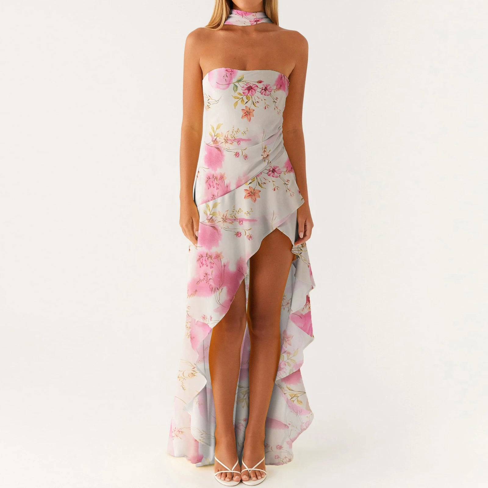 BXOXO Women Casual Tube Dress Summer Solid Color/Floral Print High Low Ruffles Dress with Scarf for Cocktail Streetwear