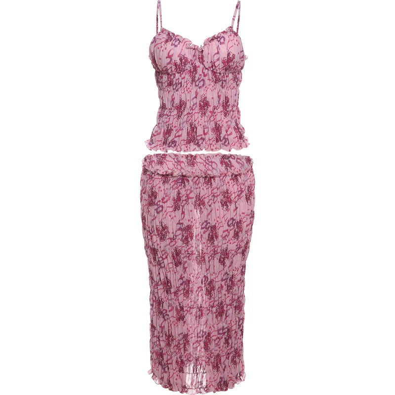 BXOXO See Through Print Folds 2-Piece Set Women Backless Sleeveless Suspenders+Elasticated Waist Skirts Holiday Matching Suit