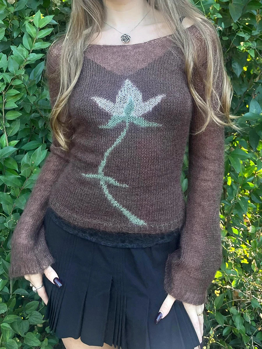 BXOXO Vintage Y2K Knitted Sweater Flower Aesthetics Graphic Print Pullover Tops Long Sleeve Slim 2000s Harajuku Sweater Top Streetwear