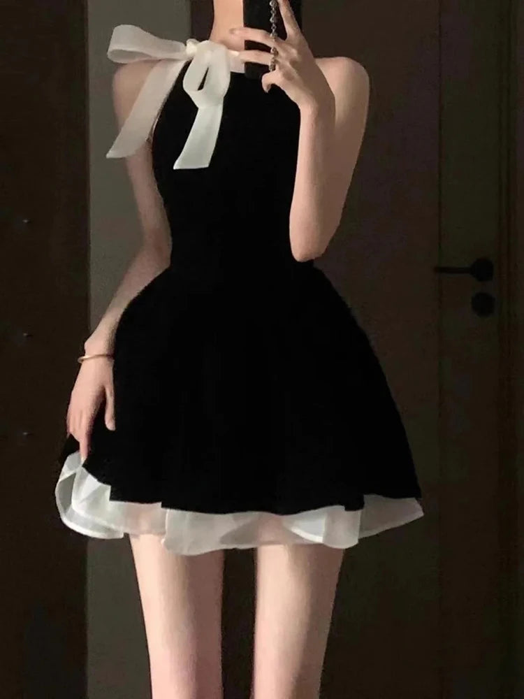 Bxoxo Elegant Halter Neck Dress Woman Y2K Black Hepburn Style Bow Bandage Sleeveless Mini Dress Summer Slim Patchwork Party Vestidos