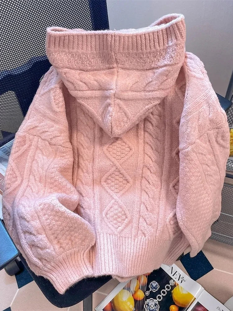 Bxoxo Preppy Style Sweet Pink Cardigan Sweaters Women Loose Long Sleeve Hooded Knitted Jacket Fall Winter Vintage Korean Cute Tops New