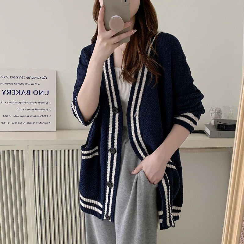 Bxoxo Women Cardigan Sweater Varsity Striped Front Pocket Long Sleeve Button-up Knit Sweater Jacket College Student Girl Preppy Style