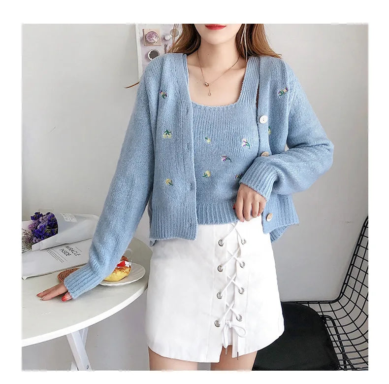 Bxoxo Two-piece Top Suit Flower Embroidered Knitted Korean Style Cardigan Autumn Fashion Sling Sweater Slim Sweet Jacket Sets