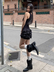 Bxoxo Black Sweet Camis Dress Women Summer Fashion Ruffle Patchwork Streetwear Tutu Dress Sexy Slim Sleeveless Mini Vestidos Female