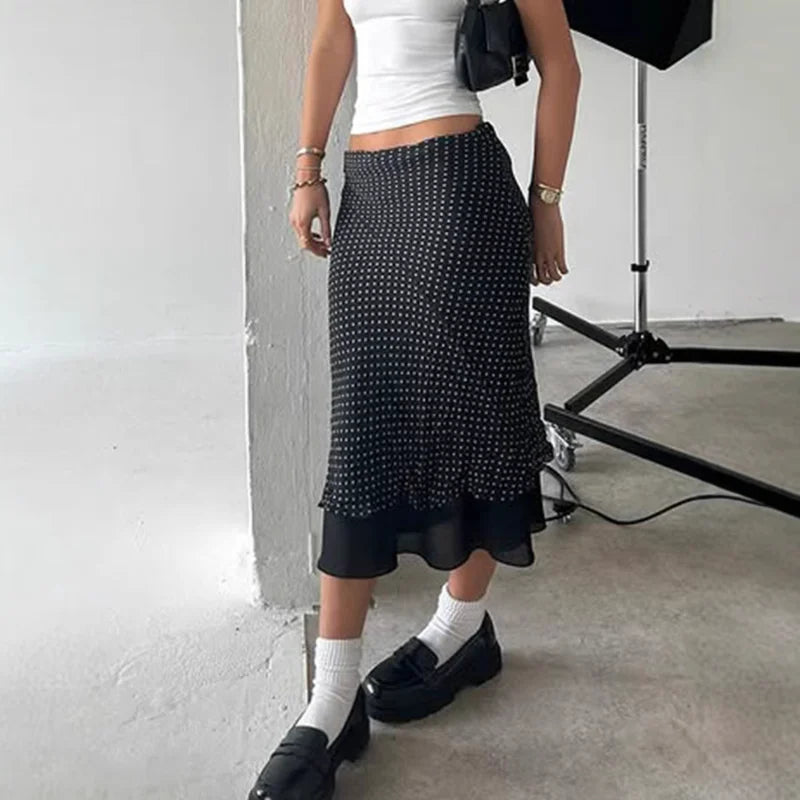 Bxoxo Polka Dot Mesh Long Skirt Summer Fashion Clashing Patchwork Slim Long Skirt Women Elegant Vintage Y2k Loose Long Skirt