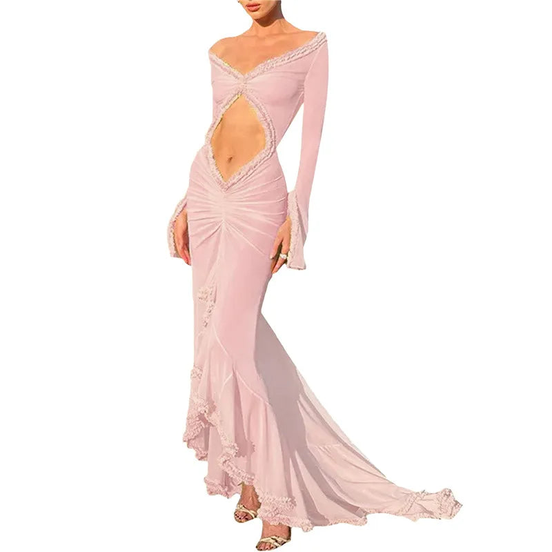 BXOXO Women Sexy Lace See Through Maxi Dress Y2k Floral Sheer Strap Backless Bodycon Fitted Long Dress Party Club Dress
