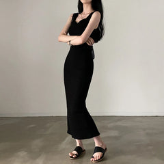 BXOXO Basic Knit Long Dress Korean Fashion Square Collar Sleeveless Women's Dresses Summer Casual Y2k Vintage All-match Outftis