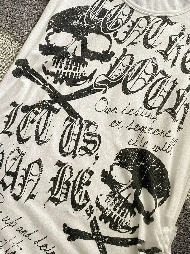 BXOXO Vintage Waist Cinching Slim Fit Punk Rock Short Sleeve Tees American Streetwear 2000S Y2K Black Skull Bone Print T-Shirts